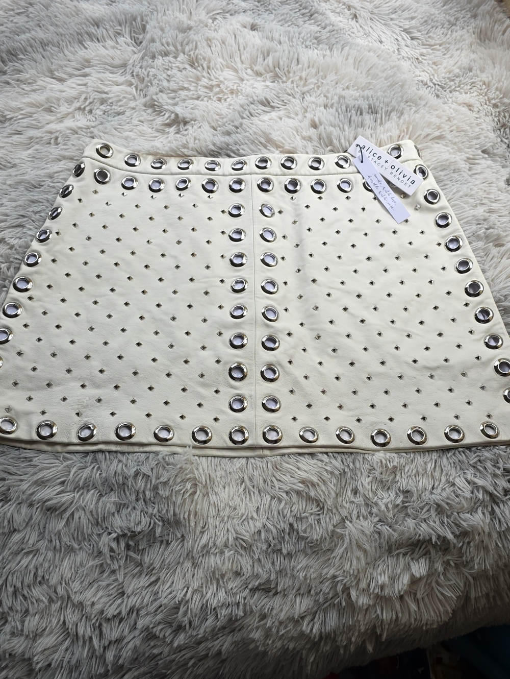 Alice + Olivia Cream Mini Skirt with Silver Grommet Accents